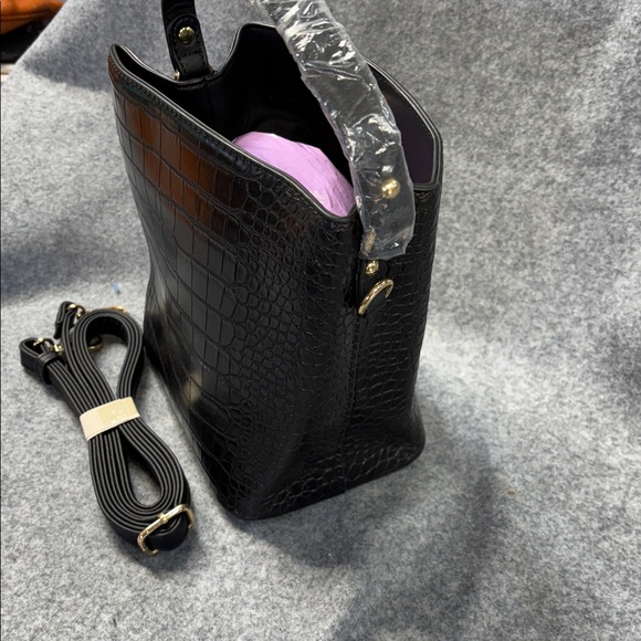 AOTA Elena Bucket Bag Black Vegan Leather Croc Embossed Top Handle purse - Picture 6 of 12